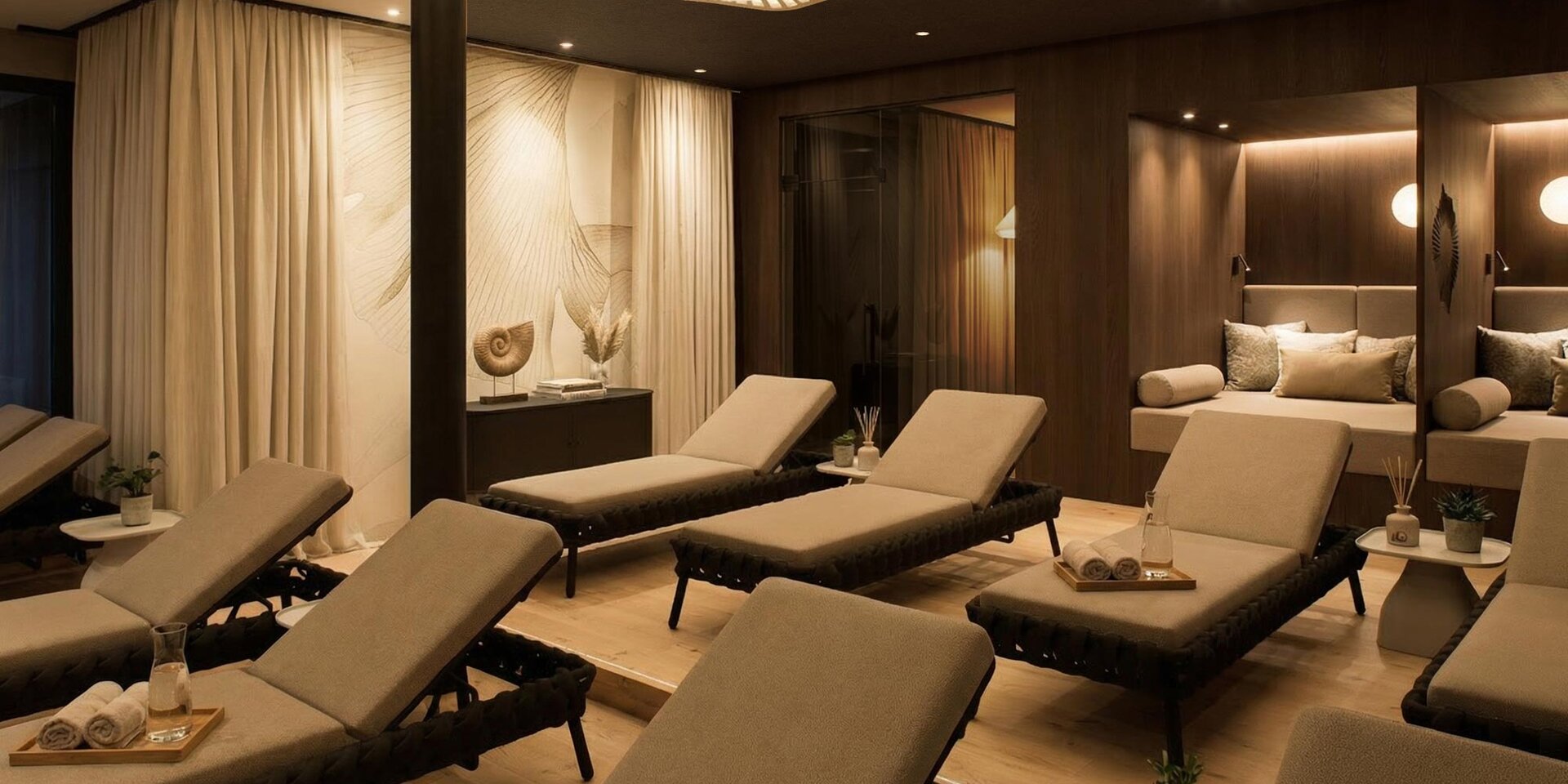 Ein moderner Ruheraum mit beigen Liegestühlen, gerollten Handtüchern und kleinen Pflanzen. Sanfte, warme Beleuchtung und modernes Dekor schaffen eine entspannende, luxuriöse Atmosphäre. Vorhänge und gemütliche Nischen sorgen für Privatsphäre und Komfort.