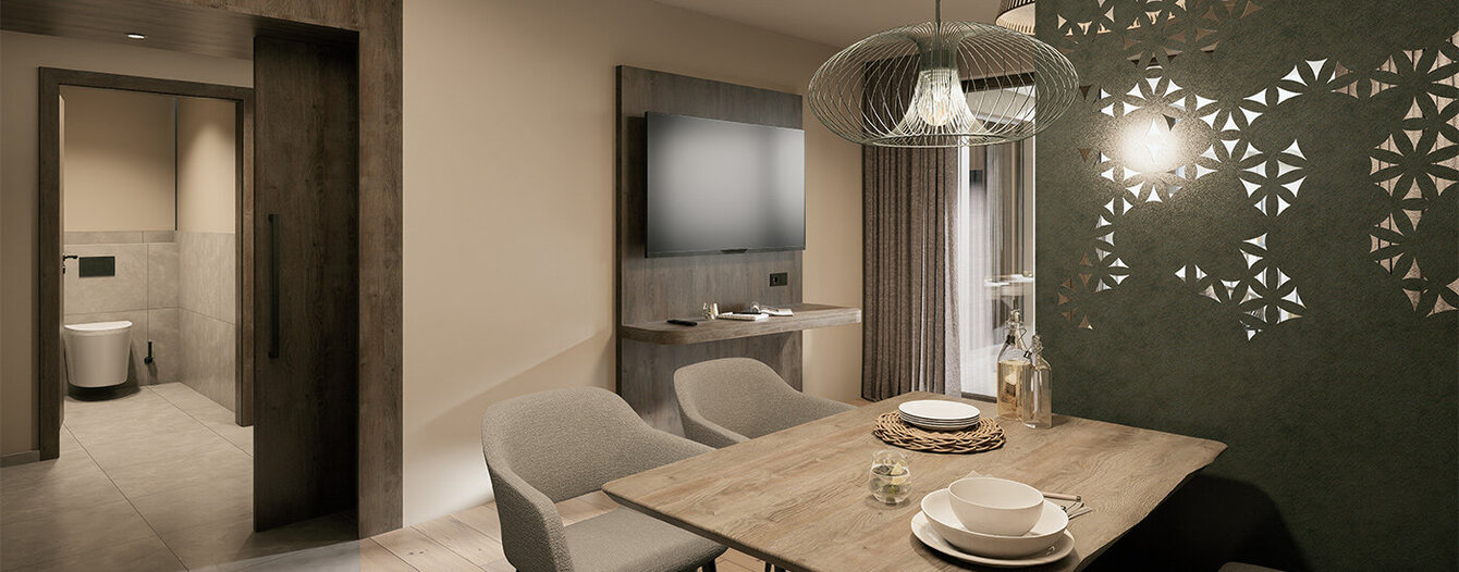 Modernes Esszimmer mit einem Holztisch, gepolsterten Stühlen und einer Bank. Über dem Tisch hängt eine warme Beleuchtung. Die grüne Akzentwand hat dekorative Ausschnitte, und eine offene Tür führt in einen anderen Raum.