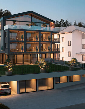 Modernes mehrstöckiges Gebäude mit großen Glasfenstern und Balkonen, in der Dämmerung warm beleuchtet. Autos sind in der Einfahrt und in der Garage geparkt. Bewaldete Hügel im Hintergrund.