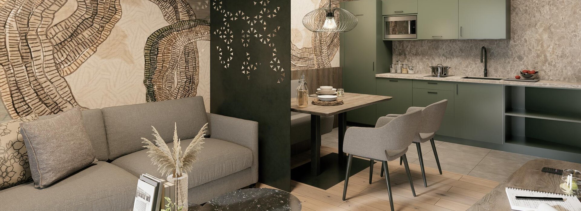 Modernes, offenes Wohnzimmer und Küche mit grünen Schränken, einem grauen Sofa, Couchtischen, einem Esstisch aus Holz mit Stühlen und künstlerischer Wandgestaltung. Helle Holzböden und dekorative Akzente vervollständigen den Raum.