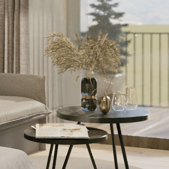 Zwei moderne runde Beistelltische mit schwarzen Beinen halten eine schwarze Vase mit getrockneten Gräsern, klare Gläser und ein Tablett. Sie stehen neben einem Sofa in einem hellen Raum mit großen Fenstern und Blick nach draußen.