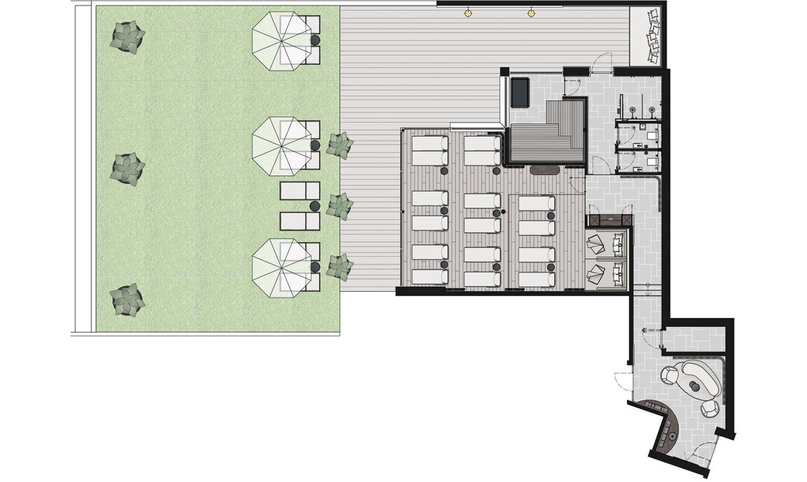 Der architektonische Grundriss zeigt den Wellnessbereich mit Ruheraum, Sauna, Dampfbad, Duschen und Teebar. Der Außenbereich umfasst eine Rasenfläche mit Sonnenschirmen und Liegestühlen auf einer Terrasse. Wege verbinden alle Bereiche miteinander.